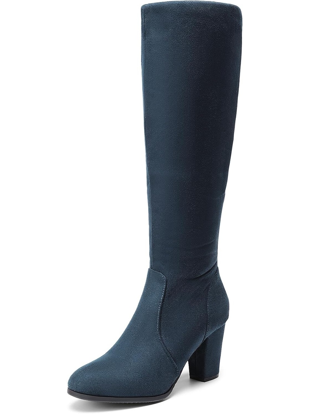 Women's Blue Pu Round Toe Chunky Heel Knee-high Winter Fall Tall Riding Boots